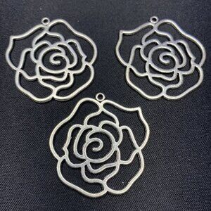 Rose Flower Pendant, Antique Silver, Large 42 x 42mm